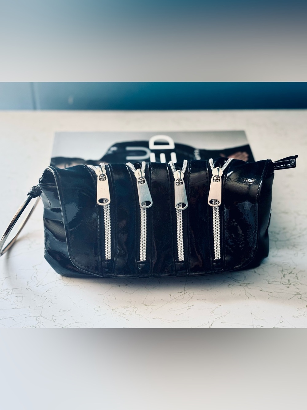 Vintage 80s Black Glossy Tiered Zipper Wristlet with Loop Ring Handle